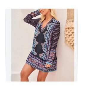 Free People Meadow Mod mini dress small V neck long sleeve boho blue shift